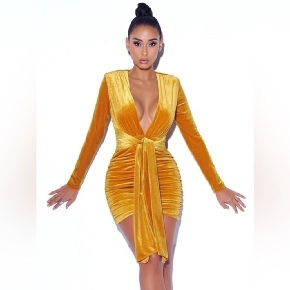 Miss Circle Velvet Mustard Yellow Bodycon Dress Small Tie-Front Party Feminine